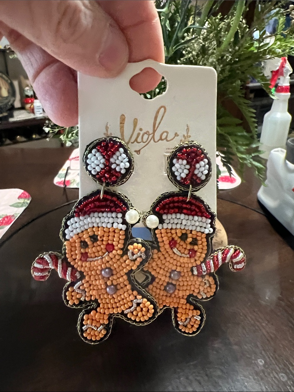 New Viola Beaded Gingerbread Holiday Drop Earrings - Red, White, Tan